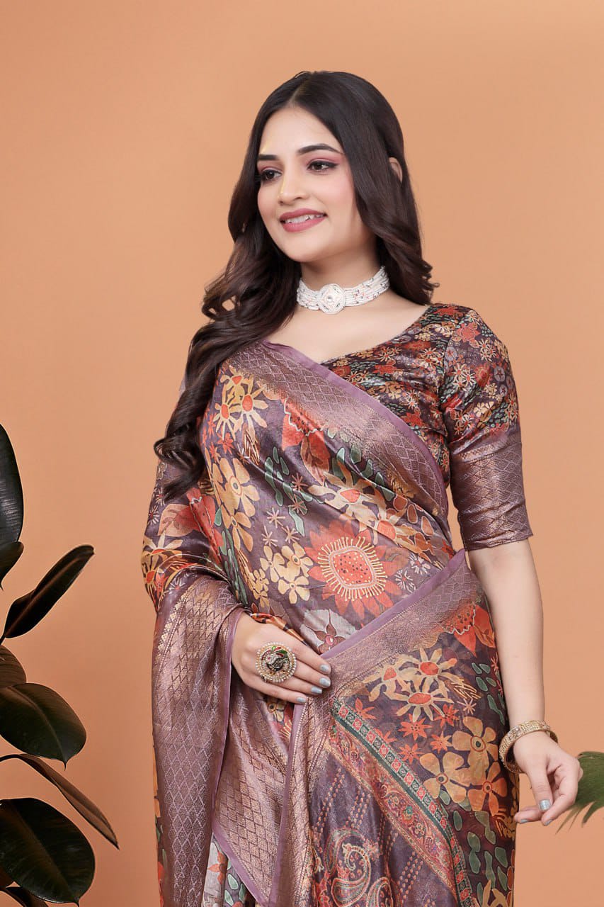 Lavender Soft Silk Saree with Copper Zari Border & Multicolor Pallu