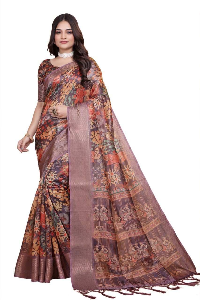 Lavender Soft Silk Saree with Copper Zari Border & Multicolor Pallu