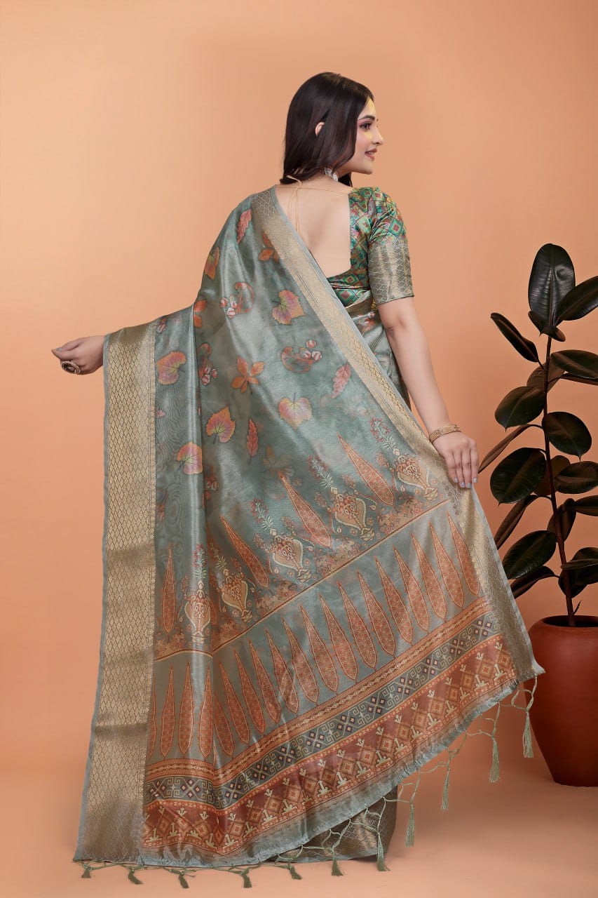 sage green Soft Silk Saree with Copper Zari Border & Multicolor Pallu