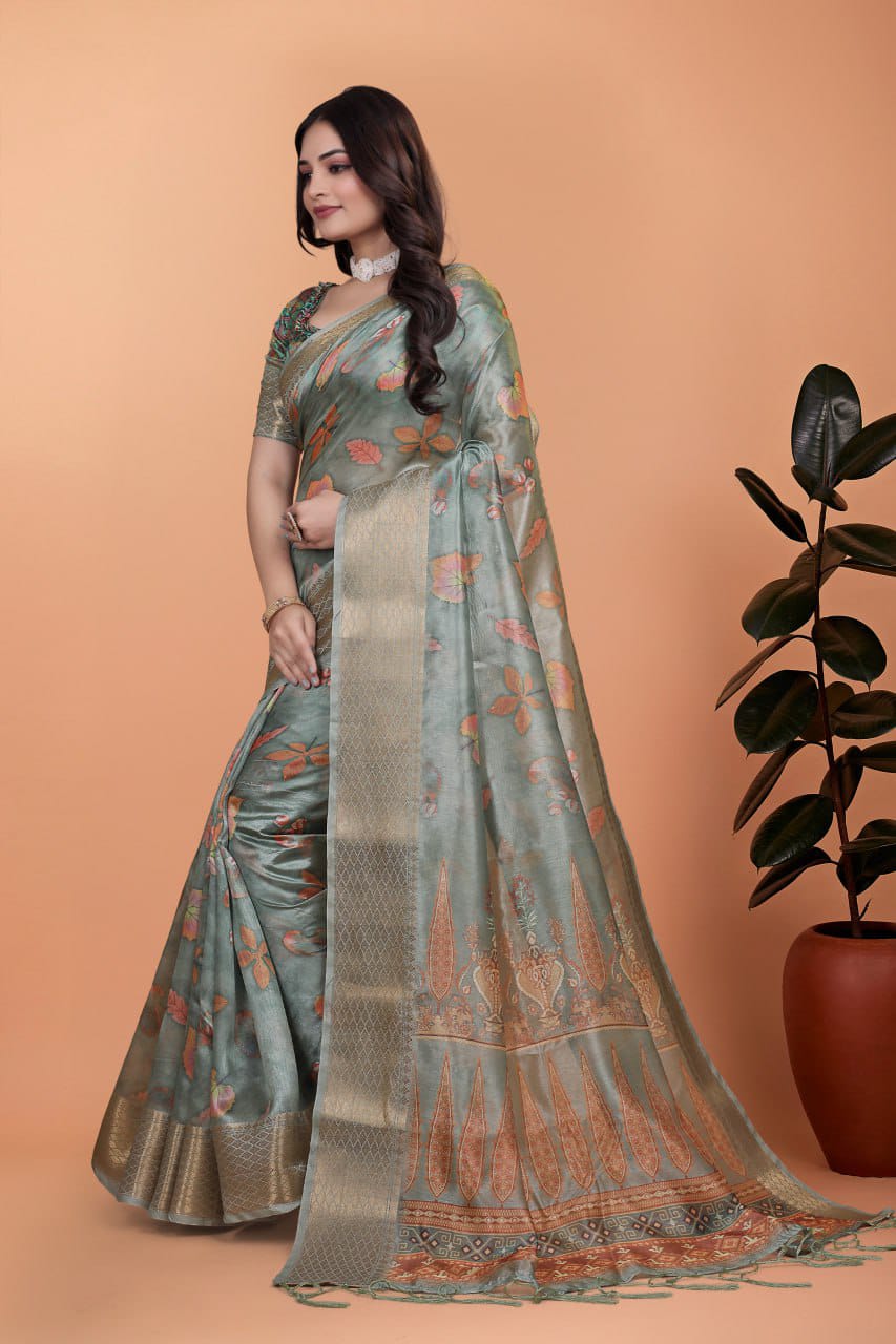 sage green Soft Silk Saree with Copper Zari Border & Multicolor Pallu