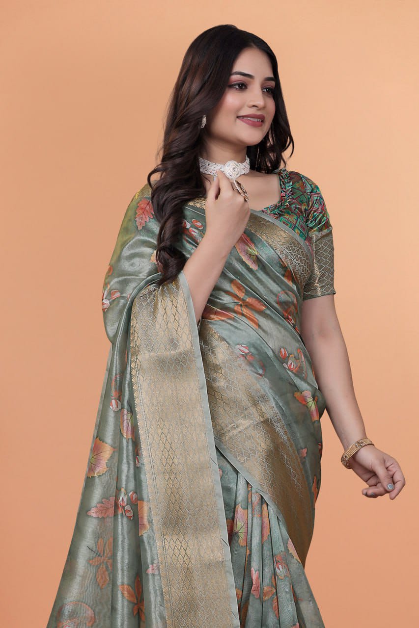 sage green Soft Silk Saree with Copper Zari Border & Multicolor Pallu