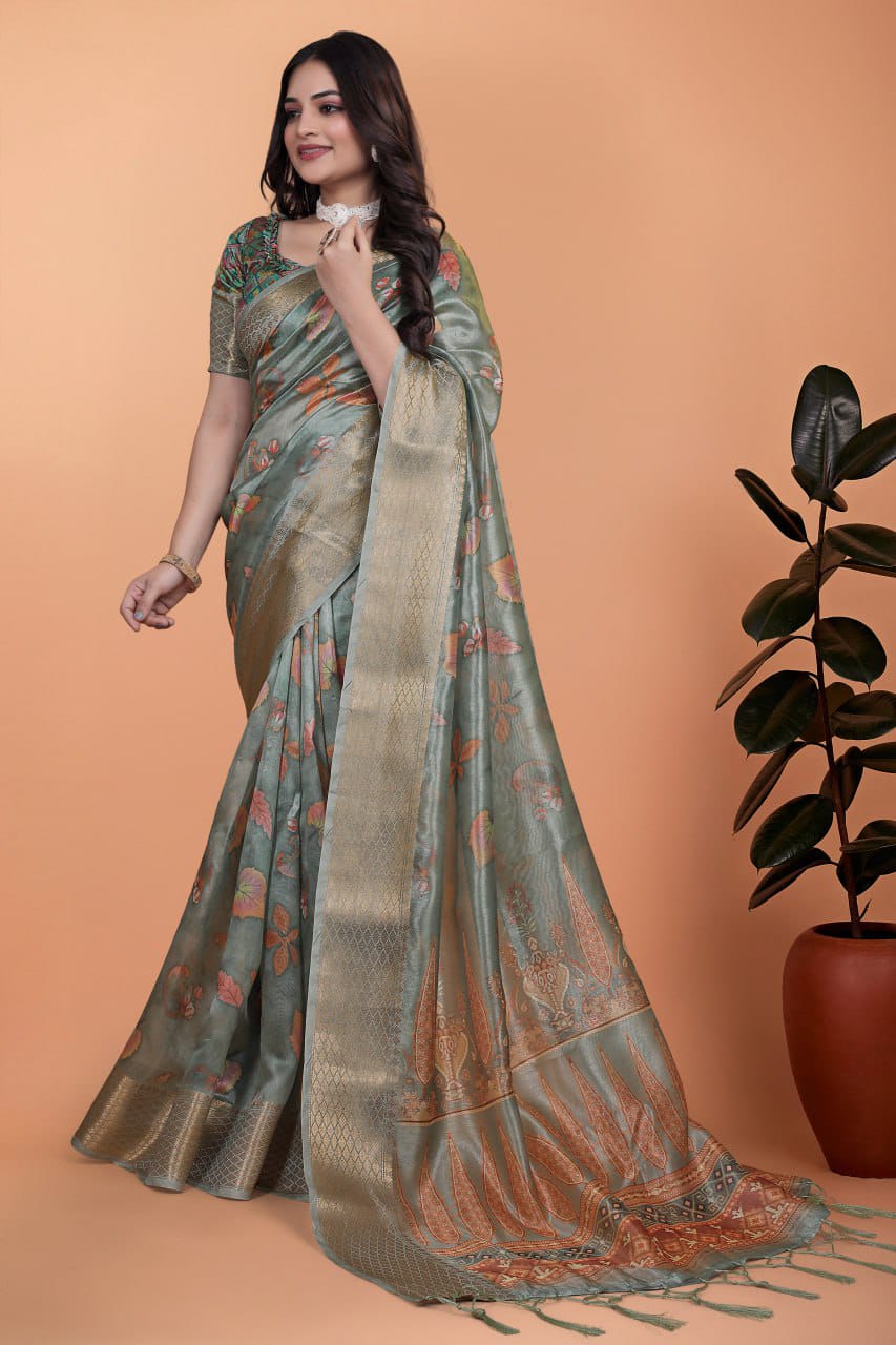 sage green Soft Silk Saree with Copper Zari Border & Multicolor Pallu