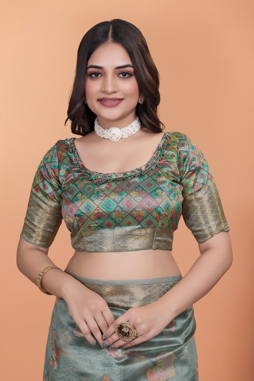 sage green Soft Silk Saree with Copper Zari Border & Multicolor Pallu