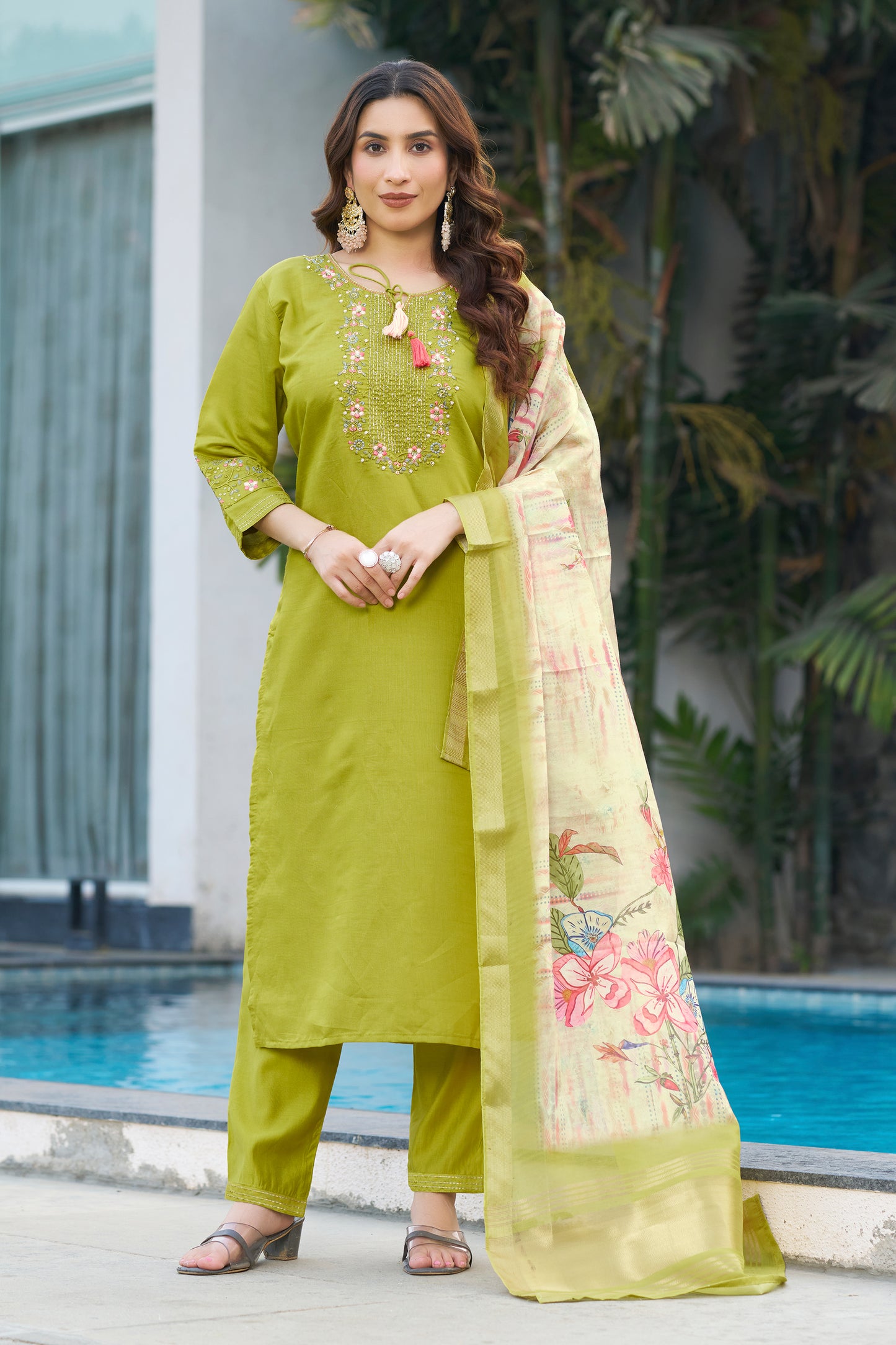 Viscose Silk Paroot Green 1  Elegant Straight Kurti Pant Dupatta Set