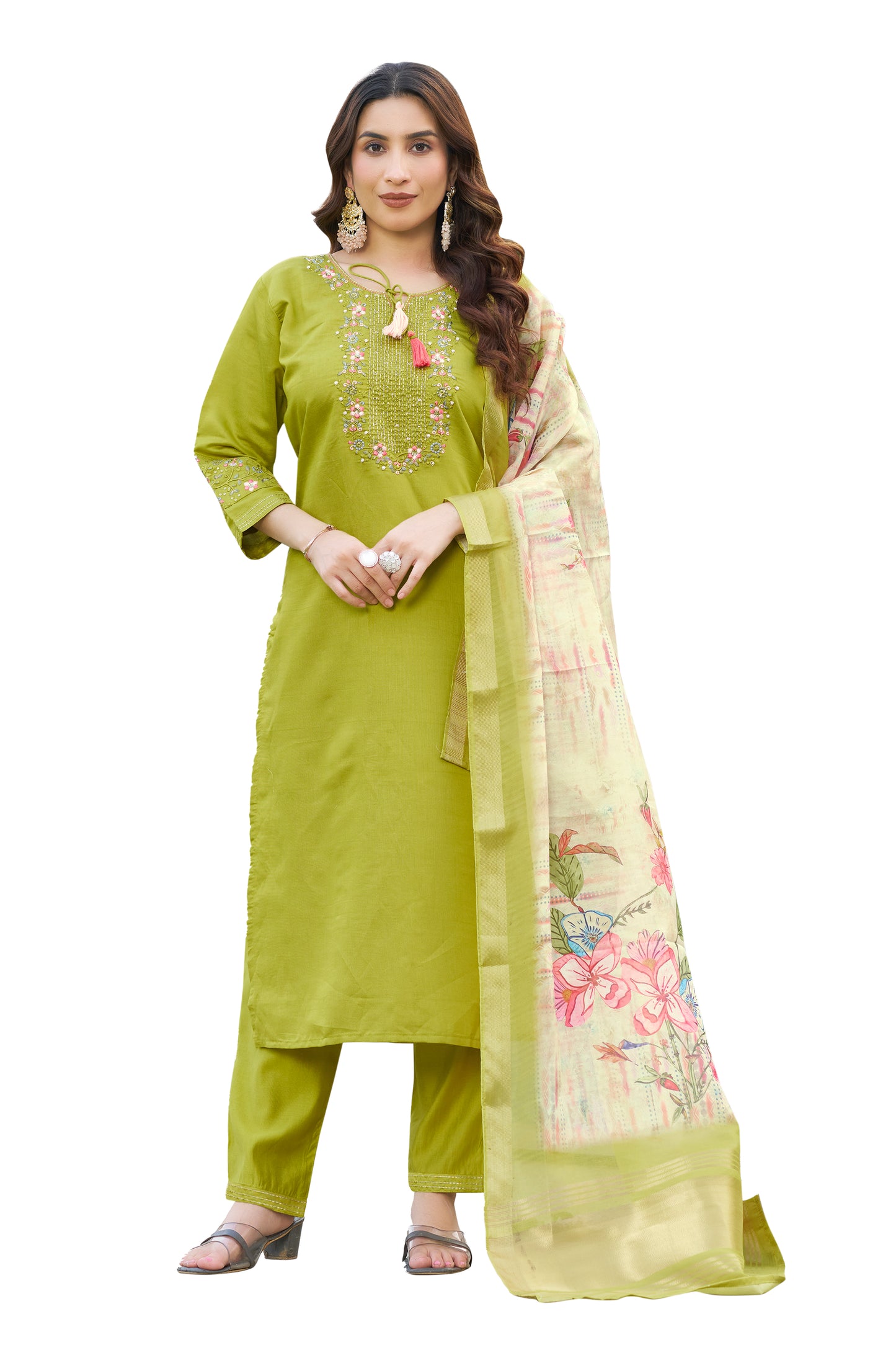 Viscose Silk Paroot Green 1  Elegant Straight Kurti Pant Dupatta Set
