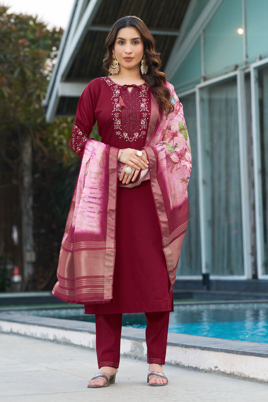 Viscose Silk Maroon Colour Elegant Straight Kurti Pant Dupatta Set