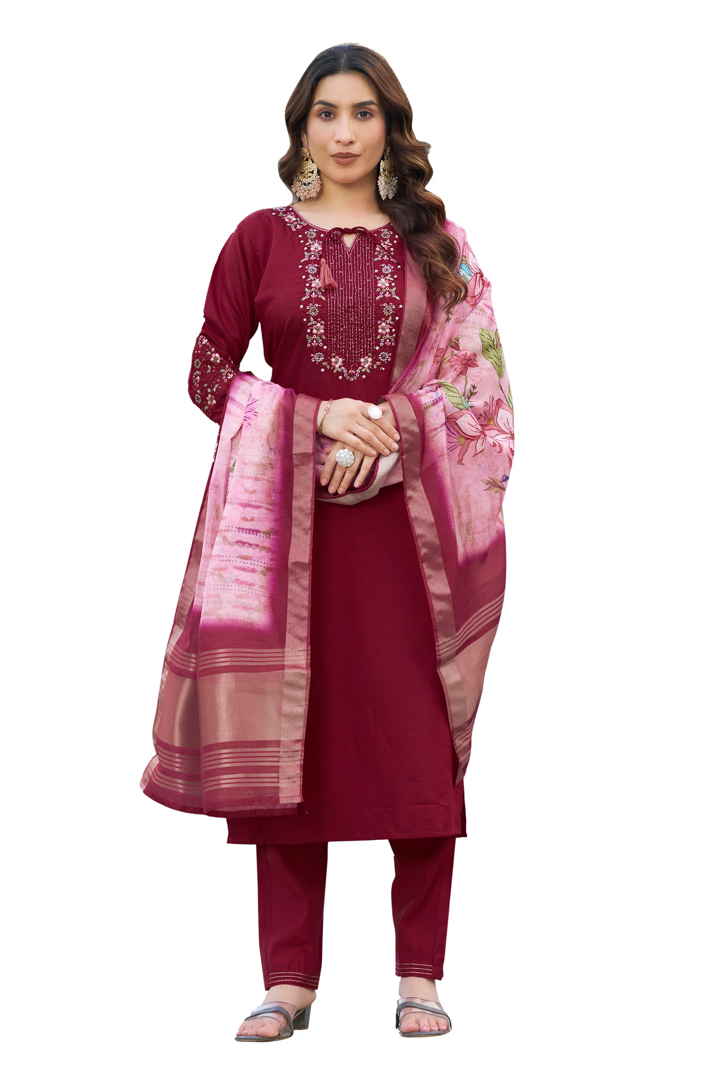 Viscose Silk Maroon Colour Elegant Straight Kurti Pant Dupatta Set