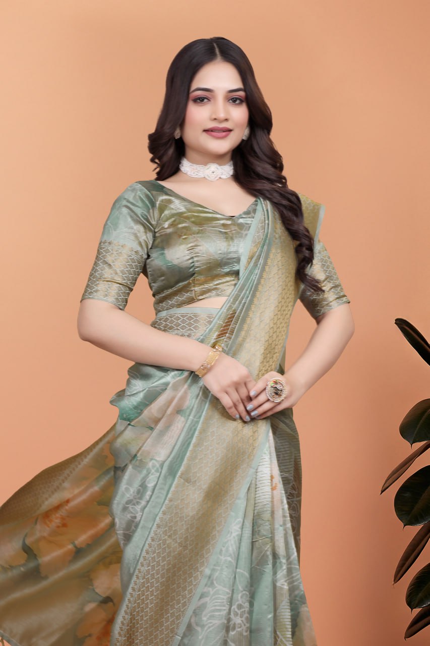 Pastel Green Soft Silk Saree with Floral Digital Print & Golden Zari Border