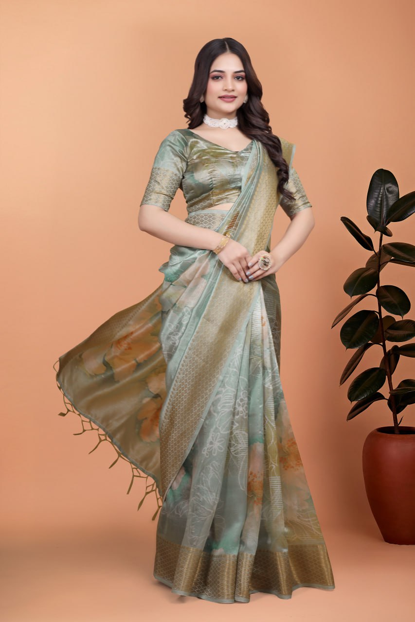 Pastel Green Soft Silk Saree with Floral Digital Print & Golden Zari Border
