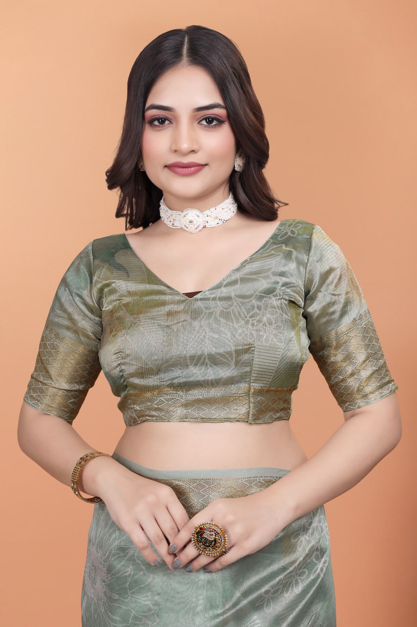 Pastel Green Soft Silk Saree with Floral Digital Print & Golden Zari Border