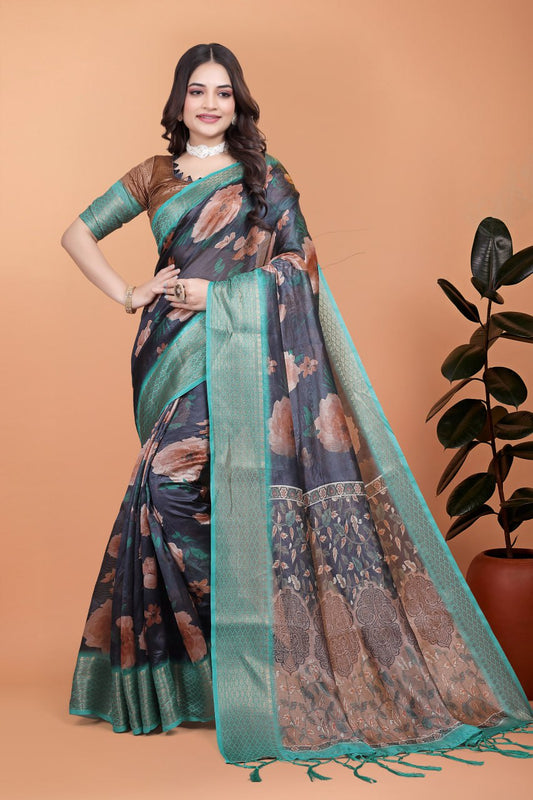Midnight Blue Soft Silk Saree with Peach Floral Print & Aqua Zari Border