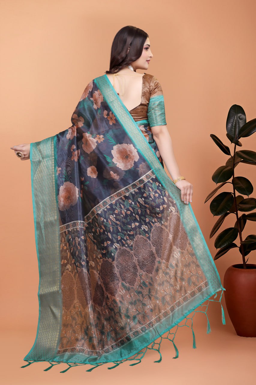 Midnight Blue Soft Silk Saree with Peach Floral Print & Aqua Zari Border