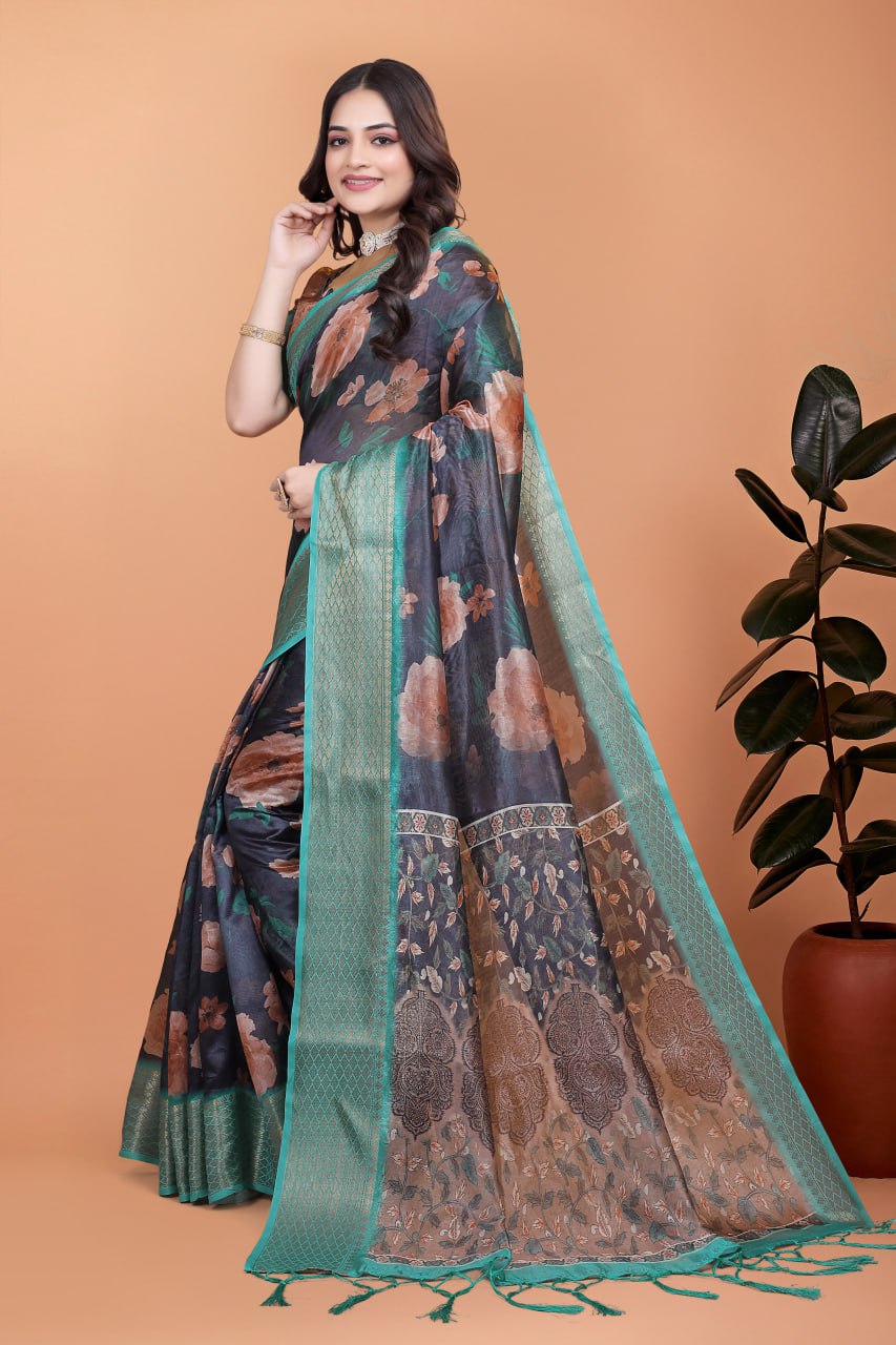Midnight Blue Soft Silk Saree with Peach Floral Print & Aqua Zari Border