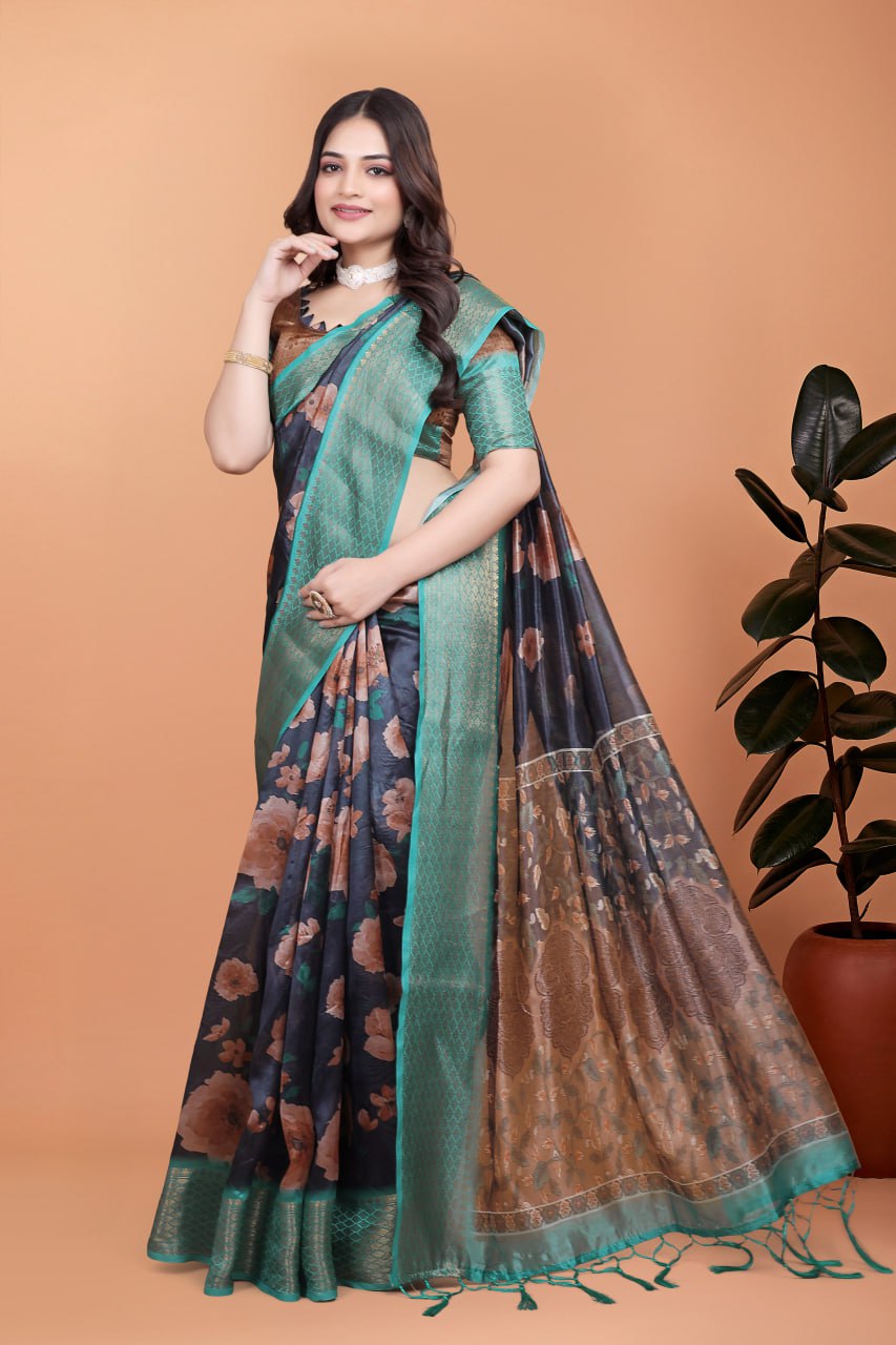 Midnight Blue Soft Silk Saree with Peach Floral Print & Aqua Zari Border
