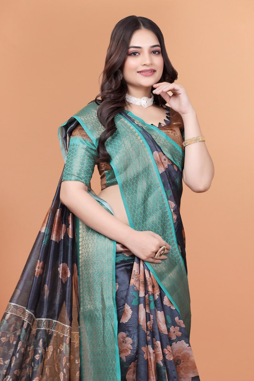 Midnight Blue Soft Silk Saree with Peach Floral Print & Aqua Zari Border